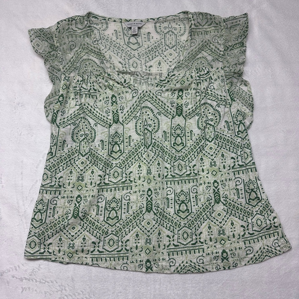 Lucky Brand Light Green Printed Flutter Sleeve Top